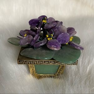 VINTAGE GEM TREE SCULPTURE AFRICAN VIOLETS JADE AMETHYST BRASS POT